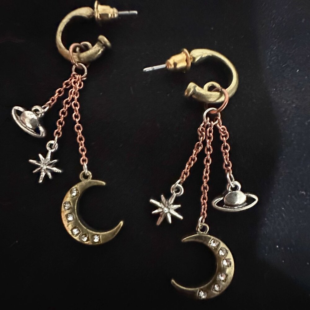 💫NEW - Andrea Atlas Celestial Moon & Star Dangle Earrings - Cosmic Planet Charm